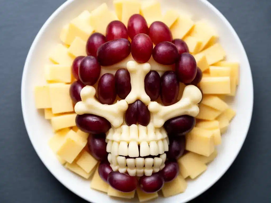 Halloween Käse-Skelett mit Trauben: 5 Min. Snack 4 Halloween Käse-Skelett mit Trauben preparation steps