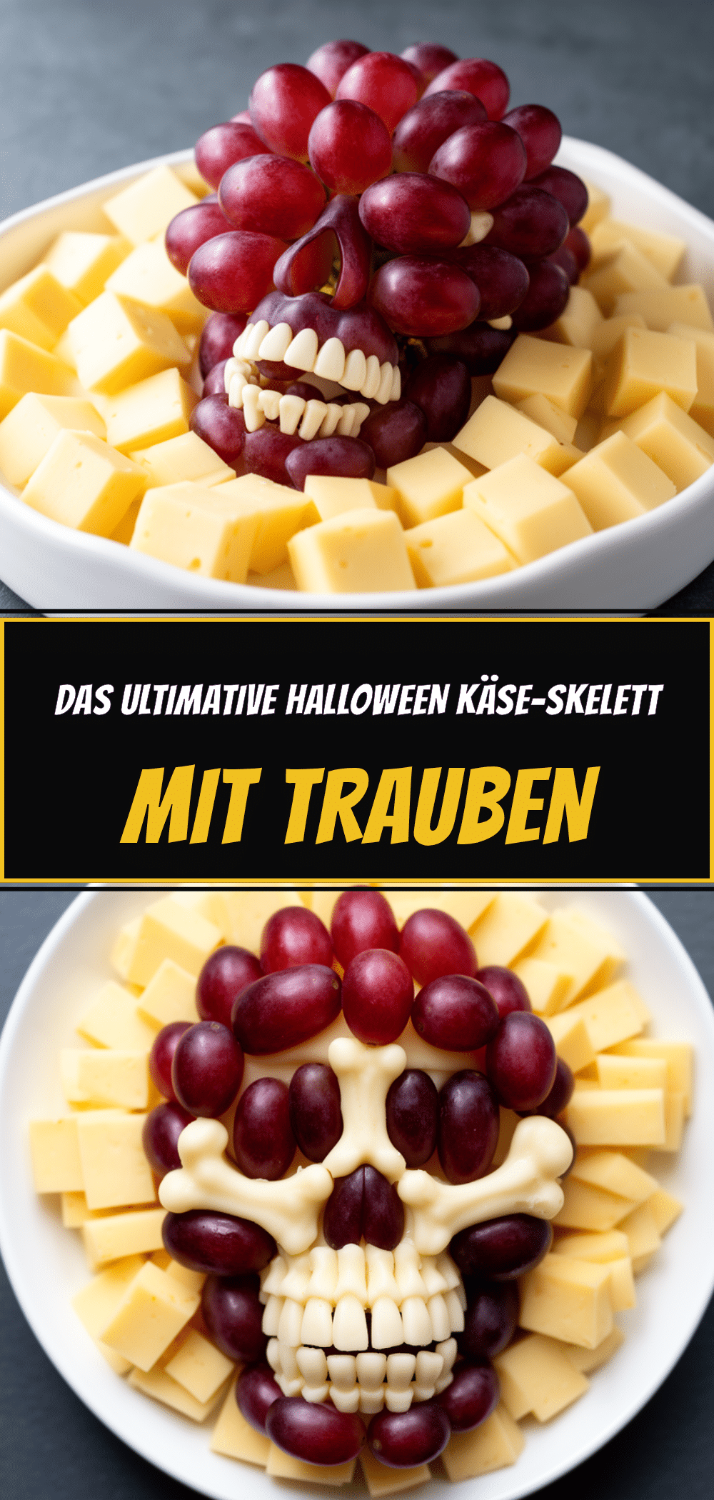 Halloween Käse-Skelett mit Trauben: 5 Min. Snack 5 Halloween Käse-Skelett mit Trauben recipe