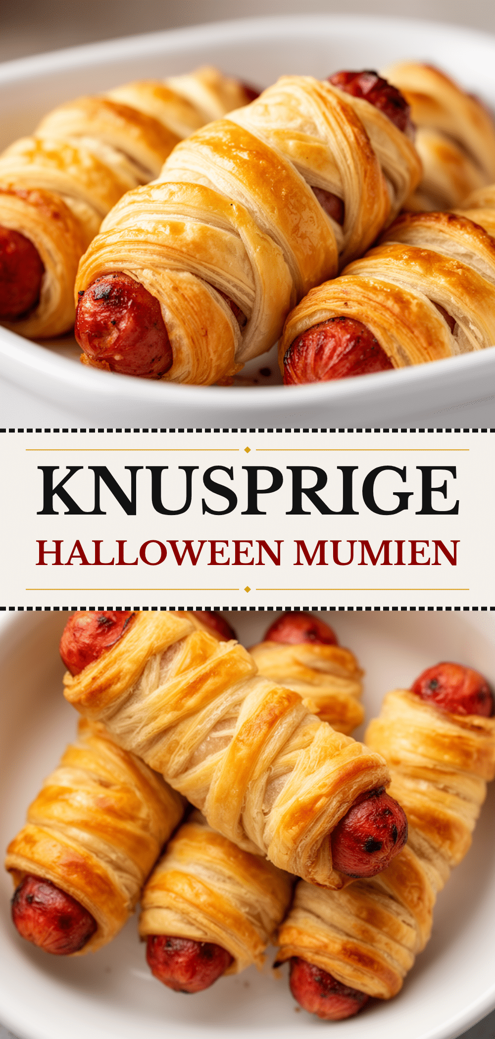 Halloween Mumien-Würstchen im Blätterteig: 15 Min. einfache Party-Snacks 5 Halloween Mumien-Würstchen im Blätterteig recipe