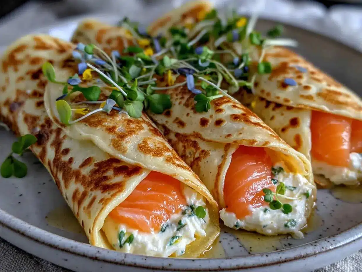 Gefüllte Pfannkuchen: Die perfekte glutenfreie Brunch-Idee 4 gefüllte Pfannkuchen mit Frischkäse und Räucherlachs preparation steps